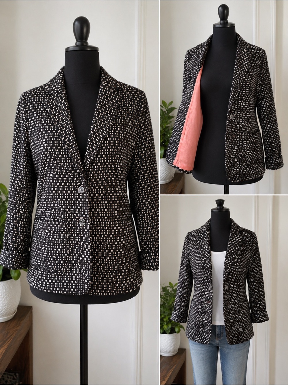 Anthropologie Blazer Black White Pattern Jacket Pink Lined Women’s Small